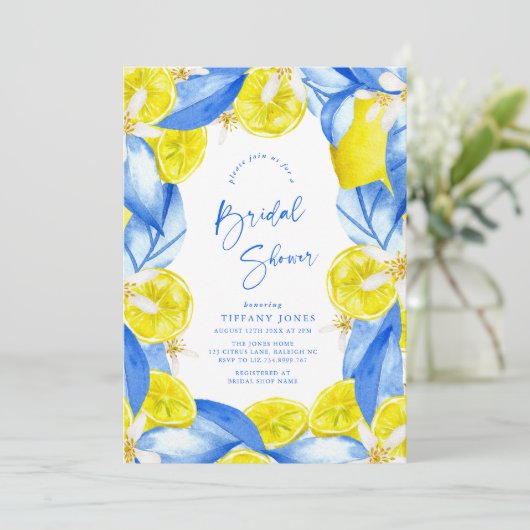 Mediterranean Blue Yellow Lemons Bridal Shower 招待状 (スタンド正面)