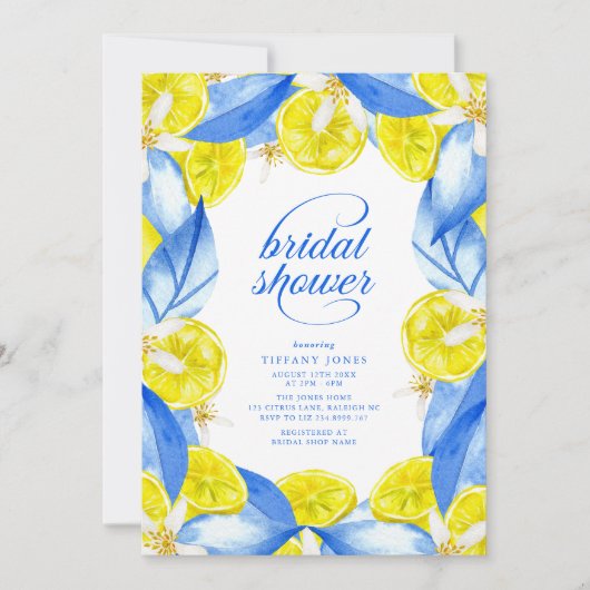 Mediterranean Blue Yellow Lemons Bridal Shower 招待状 (正面)