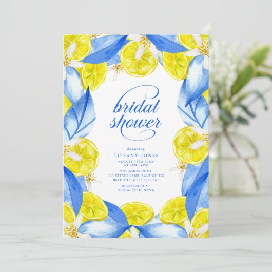 Mediterranean Blue Yellow Lemons Bridal Shower 招待状 (スタンド正面)