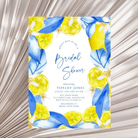 Mediterranean Blue Yellow Lemons Bridal Shower 招待状