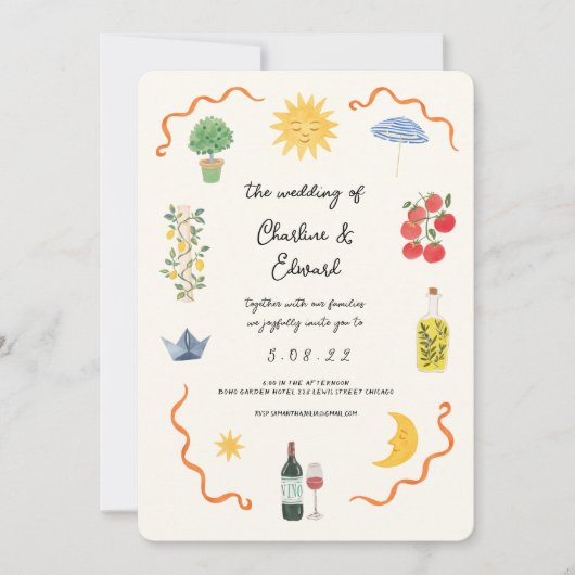Mediterranean Boho Illustrated Wedding 招待状 (正面)
