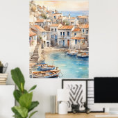 Mediterranean boho watercolor village ポスター (ホームオフィス)