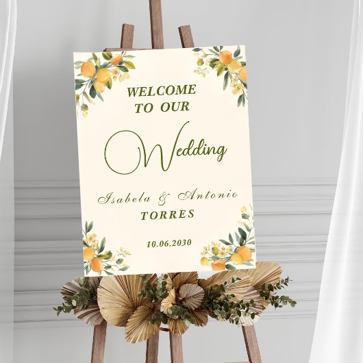Mediterranean Botanical Lemon Olive Wedding Sign ポスター