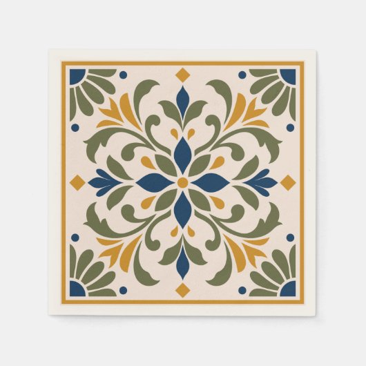 Mediterranean Botanical Tile スタンダードカクテルナプキン (正面)