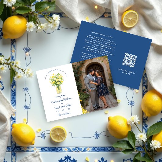 Mediterranean Chic Blue Floral Arrangement Lemons セーブザデート