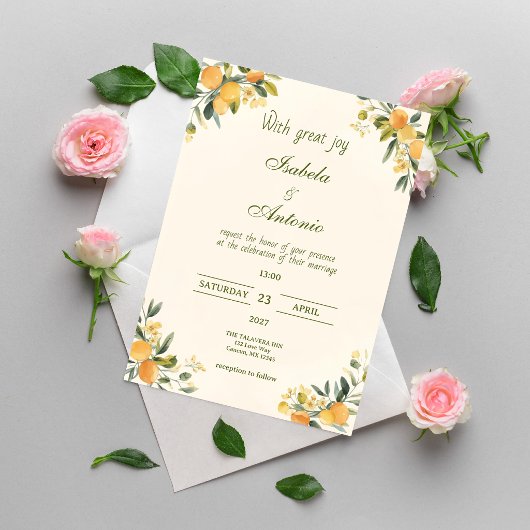 Mediterranean Citrus Botanical Wedding 招待状