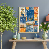 Mediterranean Citrus & Ocean Collage Art Print ポスター