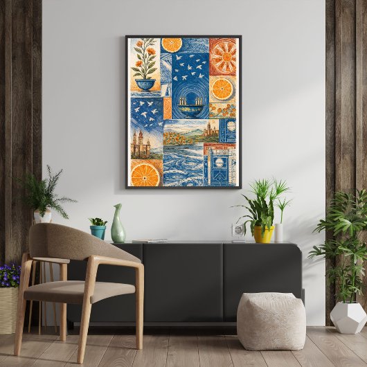 Mediterranean Citrus & Ocean Collage Art Print ポスター