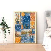 Mediterranean Citrus & Ocean Collage Art Print ポスター