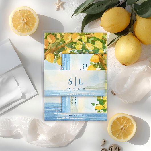 Mediterranean Coastal Monogram Wedding 招待状ベリーバンド