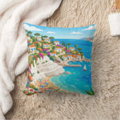 Mediterranean Coastal Village Beach Throw Pillow クッション (ブランケット)