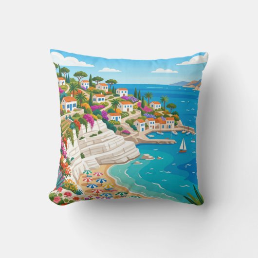 Mediterranean Coastal Village Beach Throw Pillow クッション (正面)