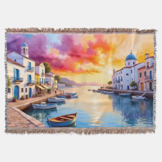 Mediterranean Coastal Village Sunset  スローブランケット (正面)