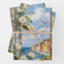 Mediterranean Coastal Village & White Roses Wrappi ラッピングペーパーシート