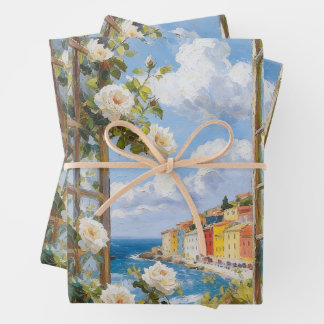 Mediterranean Coastal Village & White Roses Wrappi ラッピングペーパーシート