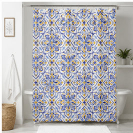 Mediterranean Crown Elegant Blue and Gold Floral シャワーカーテン