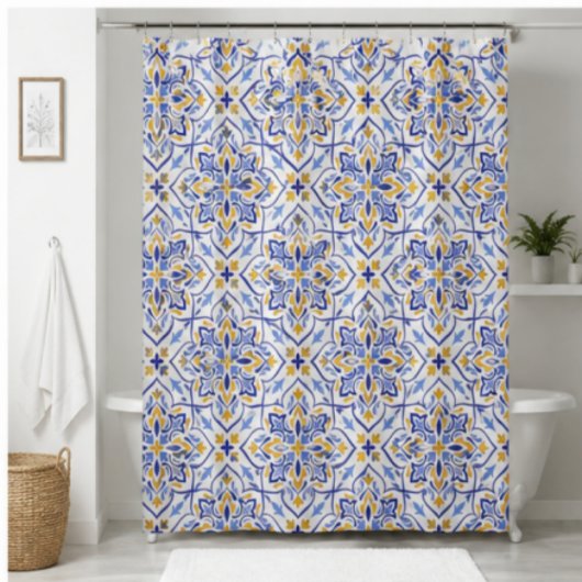 Mediterranean Crown Elegant Blue and Gold Floral シャワーカーテン
