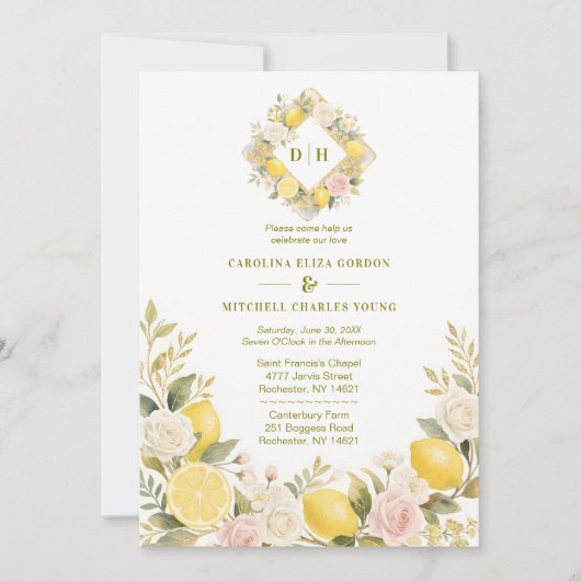 Mediterranean Flowers and Lemons Wedding Photo 招待状 (正面)