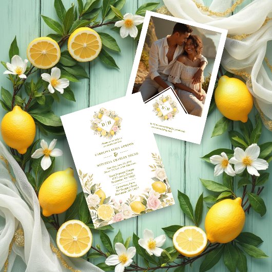 Mediterranean Flowers and Lemons Wedding Photo 招待状