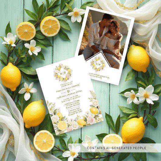 Mediterranean Flowers and Lemons Wedding Photo 招待状