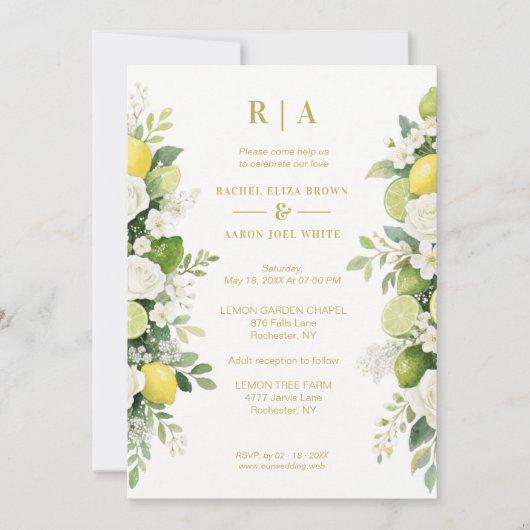 Mediterranean Fresh Lime Lemons & Flowers Garlands 招待状 (正面)