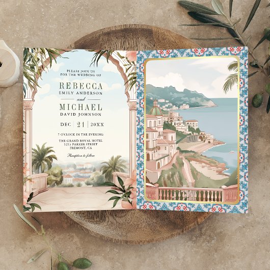Mediterranean Italian Amalfi Coast QR Code Wedding 招待状