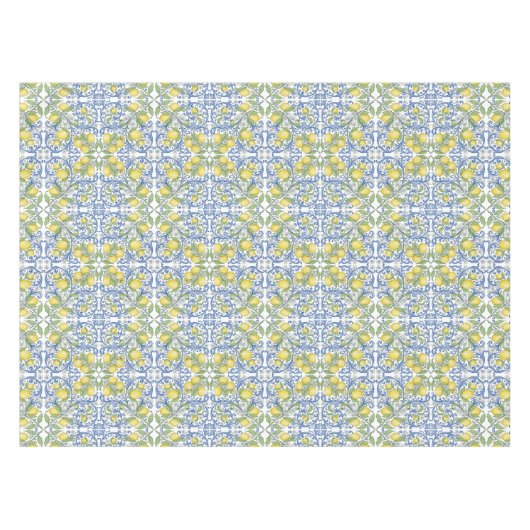 Mediterranean Italian Lemon Blue Tile Pattern テーブルクロス (正面(横))