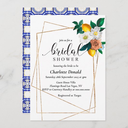 Mediterranean Italy Blue Tiles Bridal Shower  招待状 (正面/裏面)