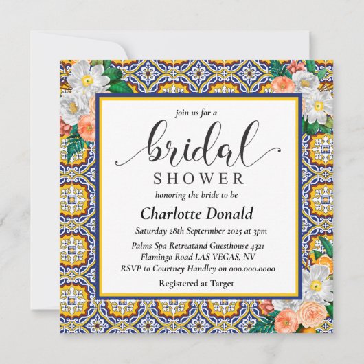 Mediterranean Italy Blue Tiles Bridal Shower 招待状 (正面)