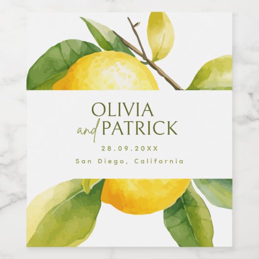 Mediterranean Italy Greece Lemon Vibrant Wedding ワインラベル (シングルラベル)