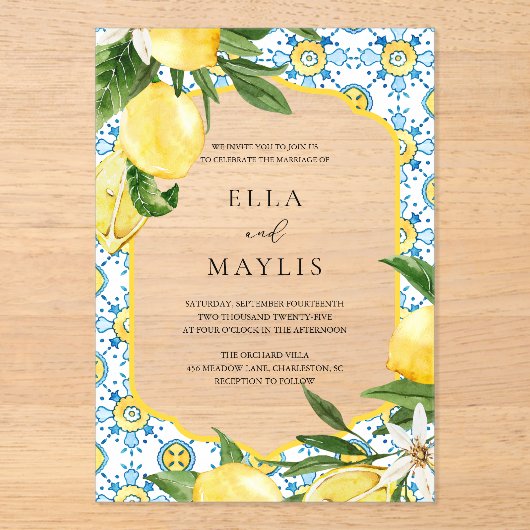 Mediterranean Lemon Acrylic Wedding Invitation アクリル招待状 (正面)