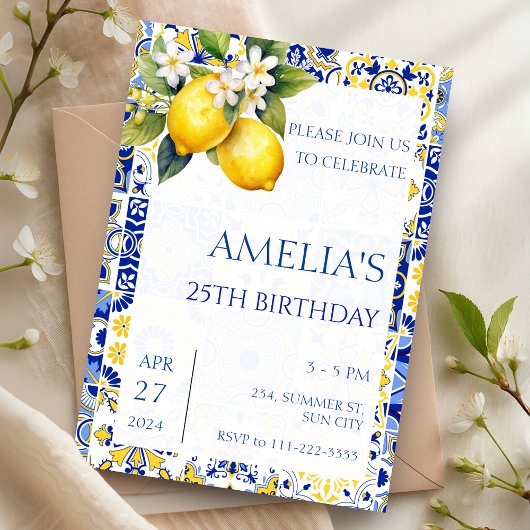 Mediterranean Lemon Amalfi Tiles Italian Birthday 招待状