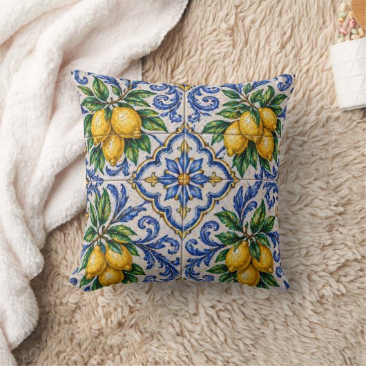 Mediterranean Lemon Azulejo Tile クッション (ブランケット)