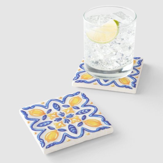 Mediterranean Lemon Blossom Ceramic Hand Painted ストーンコースター (横)