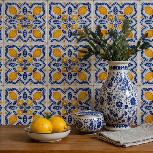 Mediterranean Lemon Blossom Ceramic Hand Painted タイル