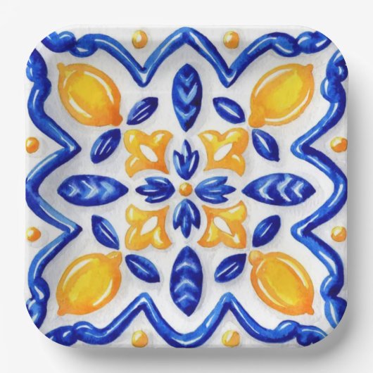 Mediterranean Lemon Blossom Ceramic Hand Painted ペーパープレート (正面)