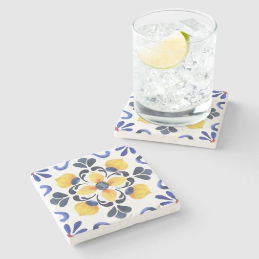 Mediterranean Lemon Blossom Hand Painted Portugues ストーンコースター (横)