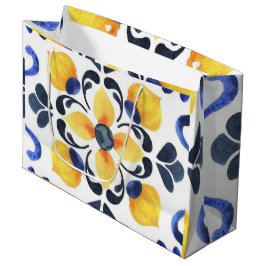 Mediterranean Lemon Blossom Hand Painted Portugues ラージペーパーバッグ