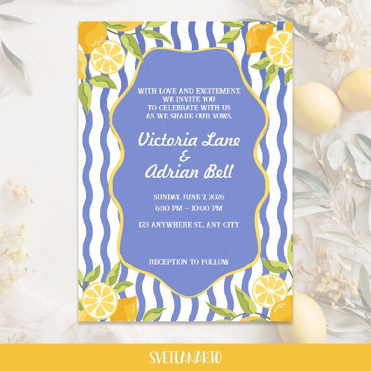 Mediterranean Lemon Blue Striped Wedding  招待状