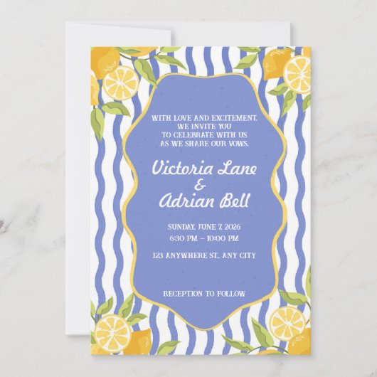 Mediterranean Lemon Blue Striped Wedding  招待状 (正面)