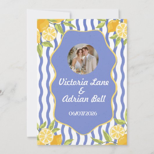 Mediterranean Lemon Blue Striped Wedding  招待状 (裏面)