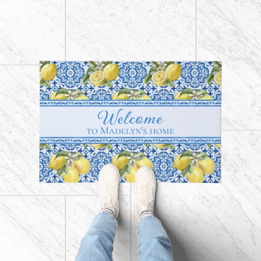 Mediterranean Lemon Blue Tile Personalized Welcome ドアマット (室内)