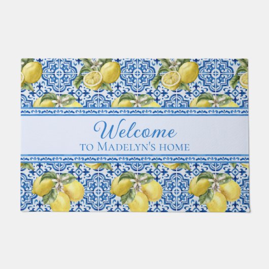 Mediterranean Lemon Blue Tile Personalized Welcome ドアマット (正面)