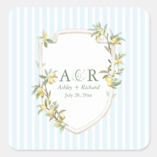 Mediterranean Lemon Coastal Wedding Square Sticker スクエアシール (正面)
