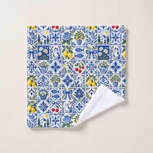 Mediterranean Lemon & Cobalt Blue Tile Garden バスタオルセット (ウォッシュタオル)