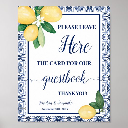 Mediterranean Lemon Leave Card Here Wedding Shower ポスター (正面)