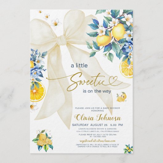 Mediterranean Lemon Sweetie Citrus Bow Baby Shower 招待状 (正面)