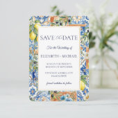Mediterranean Lemon Tile Blue Floral Citrus セーブザデート (スタンド正面)