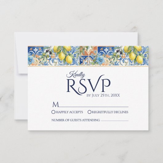 Mediterranean Lemon Tile Blue Wedding RSVP Cards (正面)