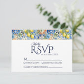 Mediterranean Lemon Tile Blue Wedding RSVP Cards (スタンド正面)